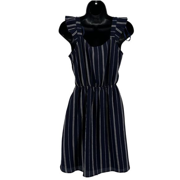 Monteau Mini Dress Womens S Dark Blue White Striped A-Line Flutter Sleeve Lined - Picture 4 of 6
